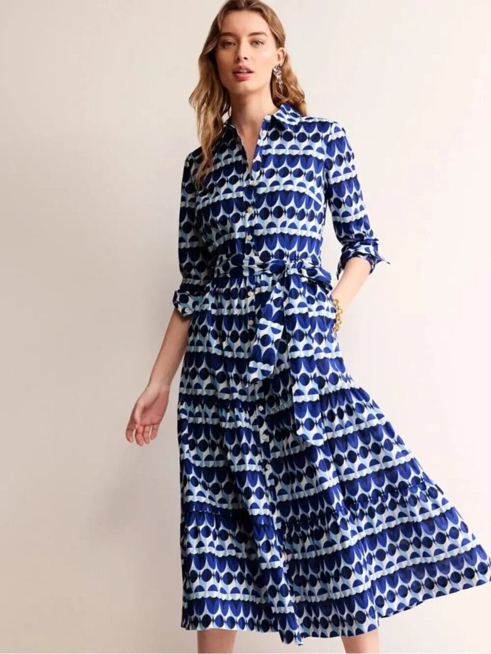Boden Flo Midi Shirt Dress Long Sleeve Lightweight Cotton Blue Geo US Womens 8P